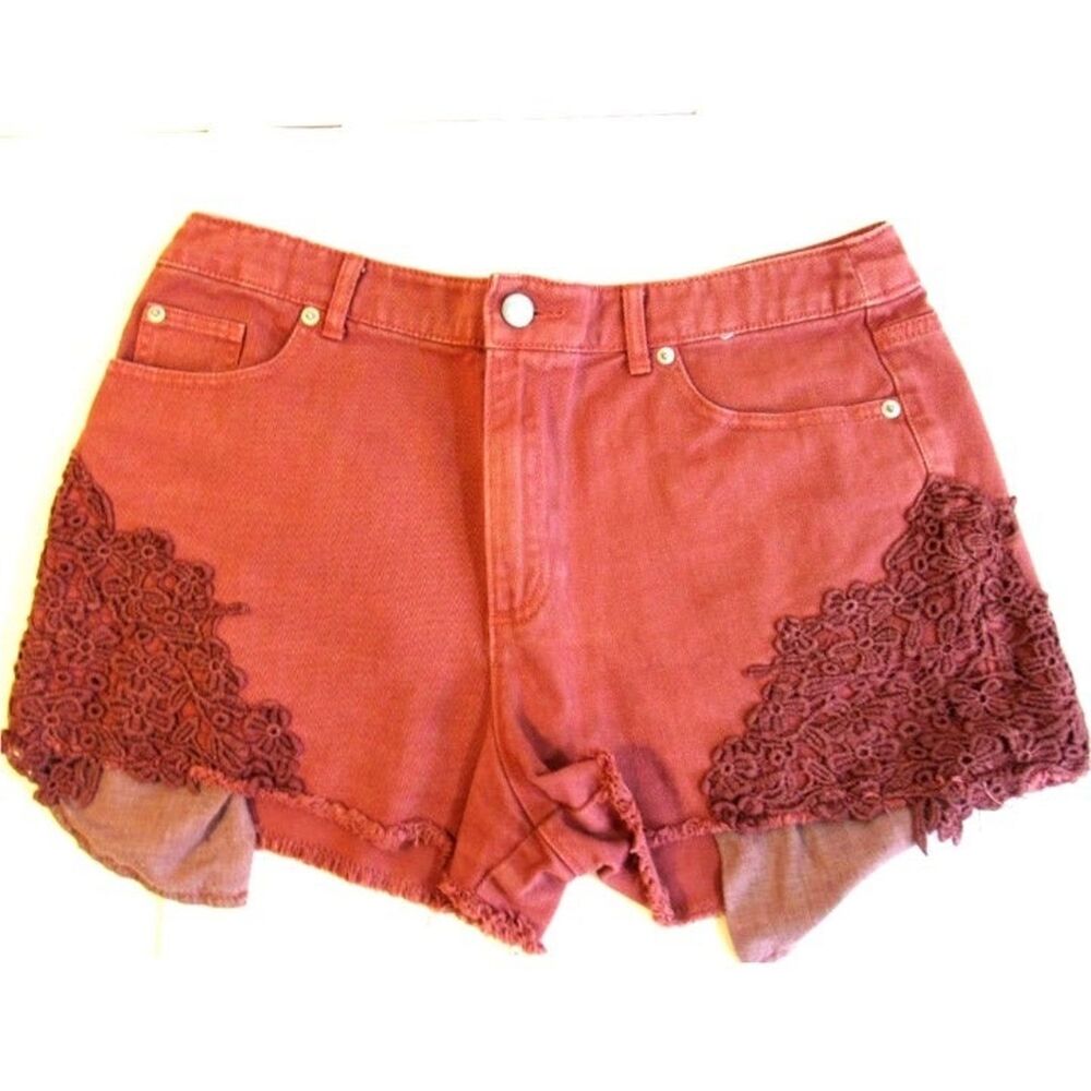 Womens Denim Shorts Sz 8 High Waist Raw Hem Crochet Detail Denim & Co Dusty Rose